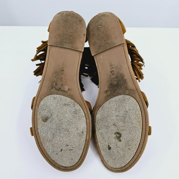 Indigo Rd Cross Fringe Sandals 8.5 Brown Ankle Cuff Zip Back Studs T Strap Boho - Picture 12 of 14